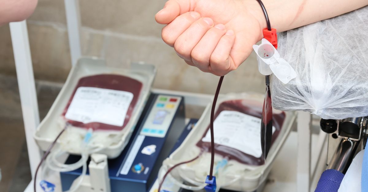 Doação de sangue em andamento com bolsas identificadas sobre balança de coleta